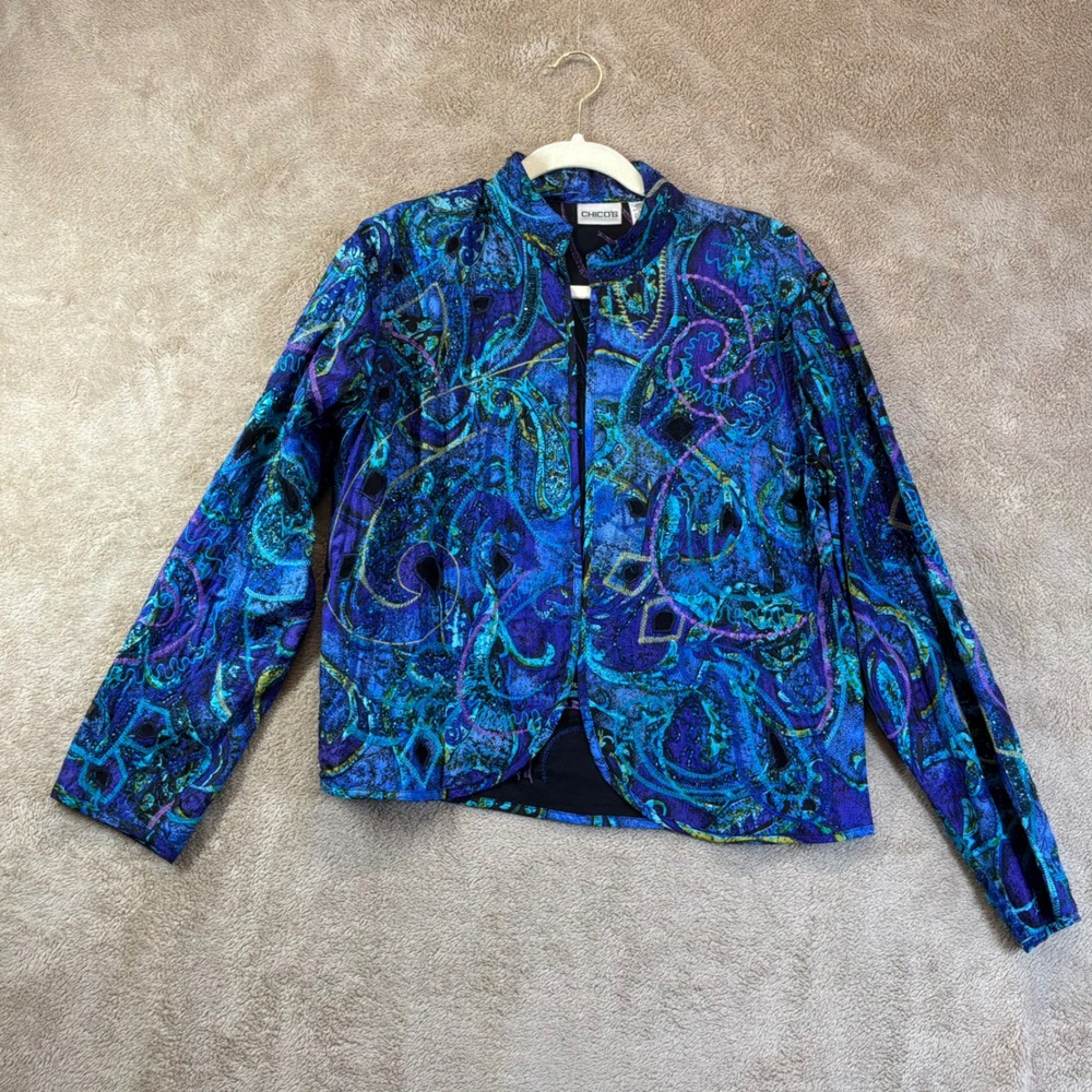 Chicos Silk Beaded Paisley Jacket Blue Purple Embroidered Mesh Sz 1 Artsy EUC